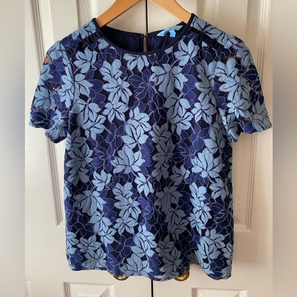 Draper James Blue Floral Lace Round Neck Short Sleeve Top SZ 0